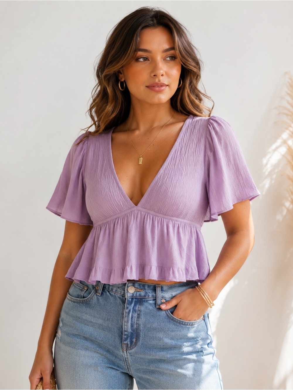 HYFVE Lavender Candy Purple Smocked Peplum Crop Top Puff Sleeve Open Back Size S